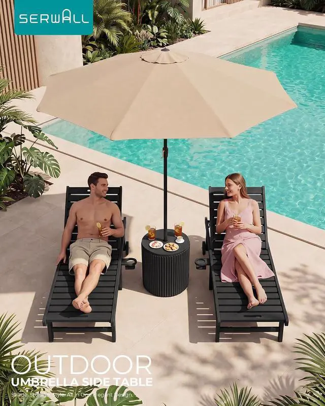 Alt view image 6 of 7 - Round Outdoor Umbrella Side Table Set of 2 - Outdoor Patio Table with Umbrella Hole for Porch/Patio/Poolside, Black
