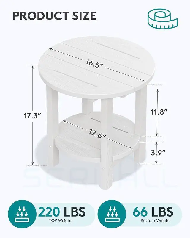 Alt view image 3 of 7 - Round Outdoor Side Table Set of 2, HDPE Small Adirondack Double End Table, White