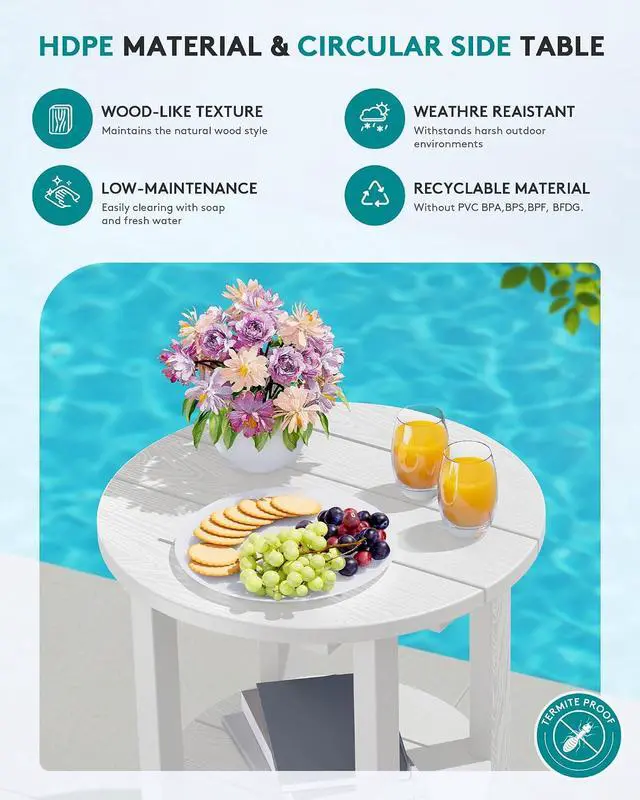 Alt view image 4 of 7 - Round Outdoor Side Table Set of 2, HDPE Small Adirondack Double End Table, White