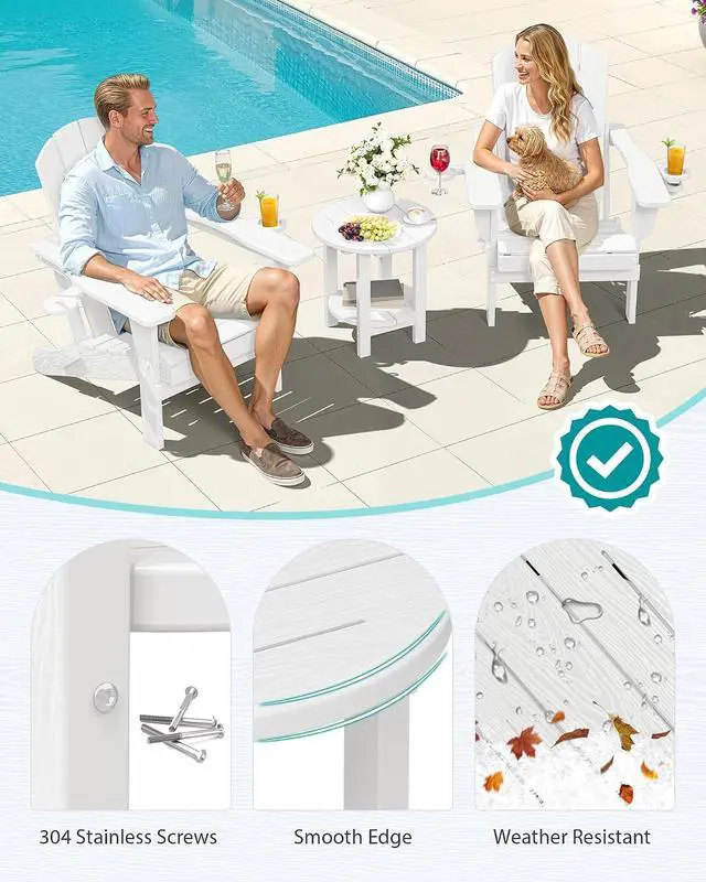 Alt view image 5 of 7 - Round Outdoor Side Table Set of 2, HDPE Small Adirondack Double End Table, White