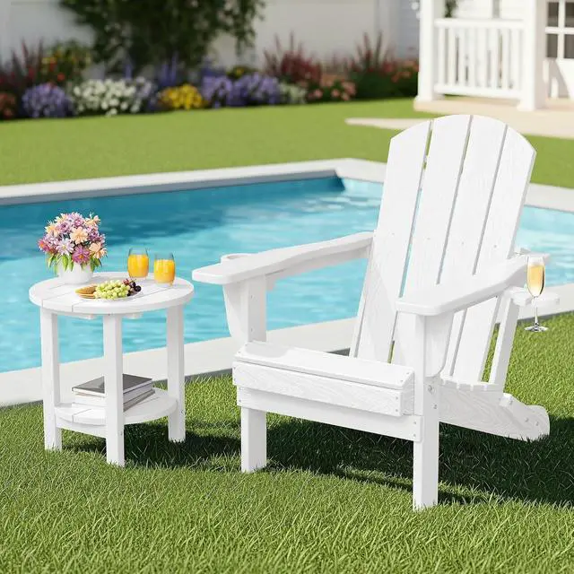 Alt view image 2 of 7 - Round Outdoor Side Table Set of 2, HDPE Small Adirondack Double End Table, White
