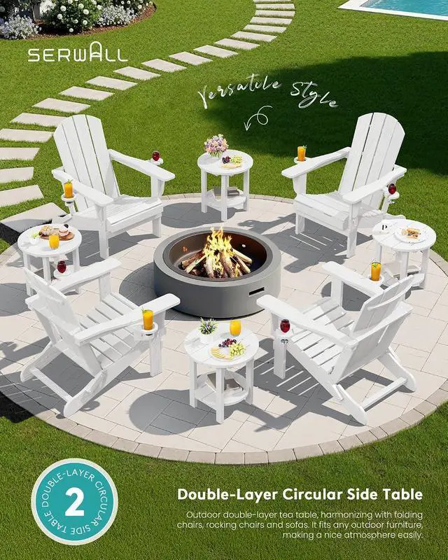 Alt view image 7 of 7 - Round Outdoor Side Table Set of 2, HDPE Small Adirondack Double End Table, White