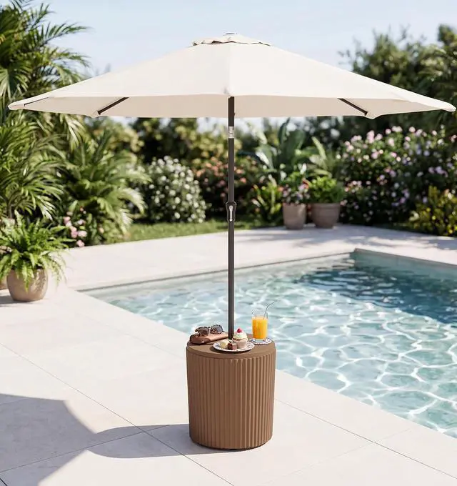 Alt view image 2 of 7 - Round Outdoor Umbrella Side Table Set of 2 - Outdoor Patio Table with Umbrella Hole for Porch/Patio/Poolside, Brown
