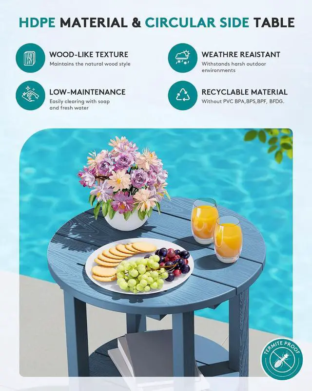 Alt view image 3 of 7 - Round Outdoor Side Table Set of 2, HDPE Small Adirondack Double End Table, Navy