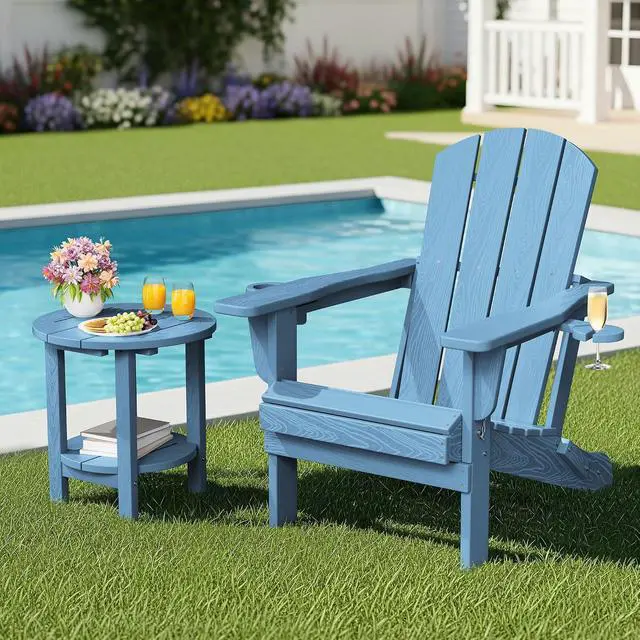 Alt view image 2 of 7 - Round Outdoor Side Table Set of 2, HDPE Small Adirondack Double End Table, Navy