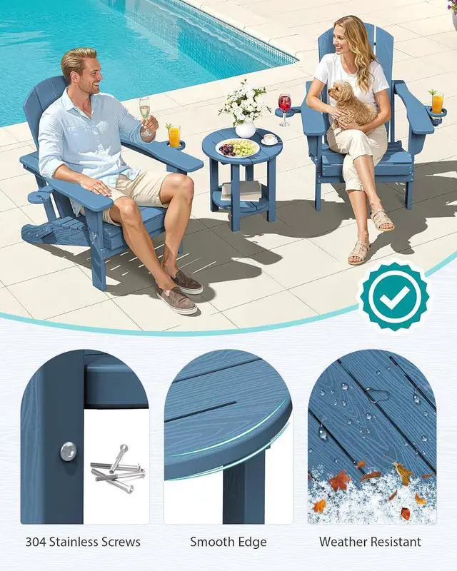 Alt view image 5 of 7 - Round Outdoor Side Table Set of 2, HDPE Small Adirondack Double End Table, Navy