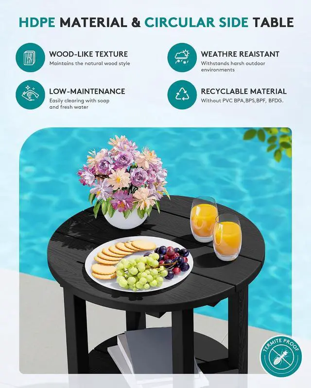 Alt view image 4 of 7 - Round Outdoor Side Table, HDPE Small Adirondack End Table,2-Tier Patio Side Table for Backyard Pool Porch Garden Lawn, Black