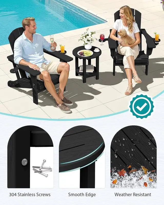Alt view image 5 of 7 - Round Outdoor Side Table, HDPE Small Adirondack End Table,2-Tier Patio Side Table for Backyard Pool Porch Garden Lawn, Black