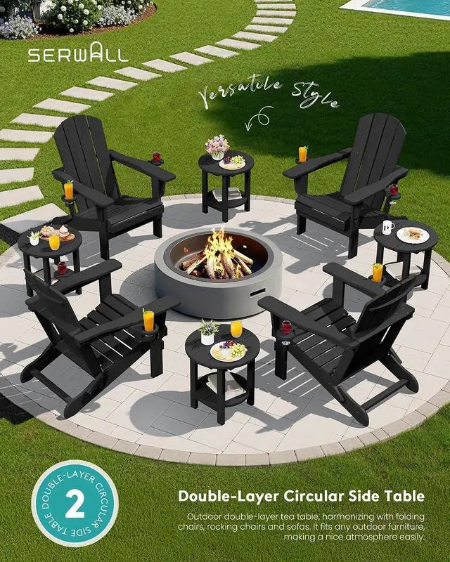 Alt view image 7 of 7 - Round Outdoor Side Table, HDPE Small Adirondack End Table,2-Tier Patio Side Table for Backyard Pool Porch Garden Lawn, Black