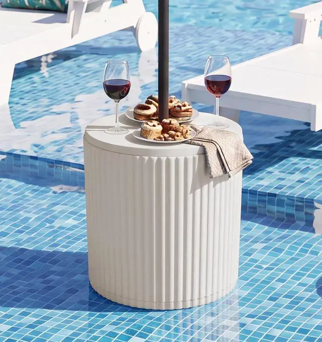 Main image of Outdoor Round Umbrella Side Table, 3-in-1 Ice Bucket & Side Table & Storage Box, Multi-Functional Use for Porch/Patio/Poolside, Beige