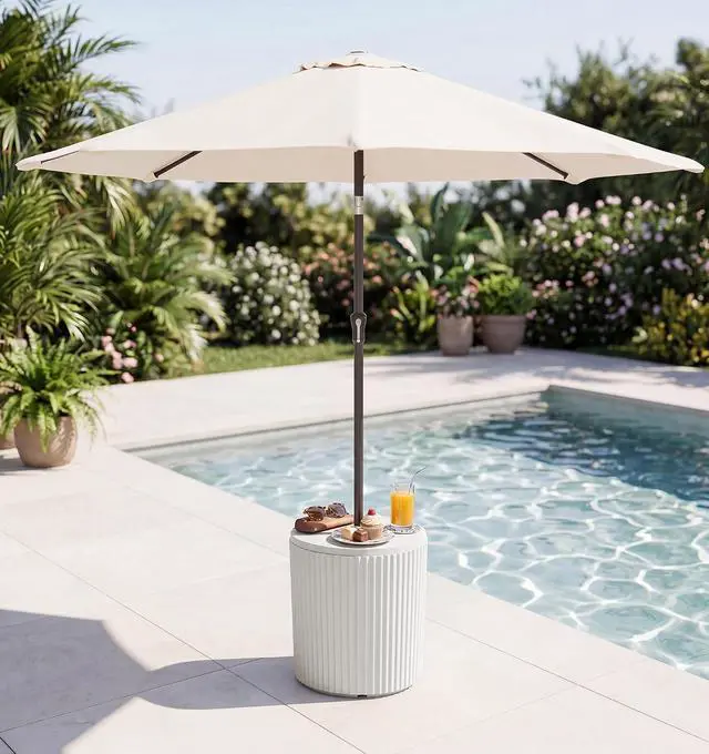 Alt view image 3 of 7 - Outdoor Round Umbrella Side Table, 3-in-1 Ice Bucket & Side Table & Storage Box, Multi-Functional Use for Porch/Patio/Poolside, Beige
