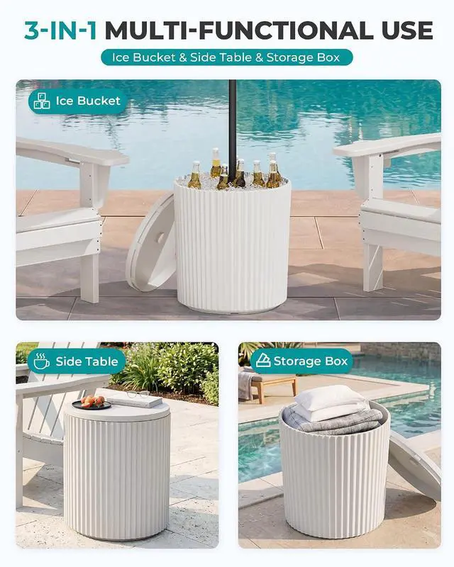Alt view image 4 of 7 - Outdoor Round Umbrella Side Table, 3-in-1 Ice Bucket & Side Table & Storage Box, Multi-Functional Use for Porch/Patio/Poolside, Beige