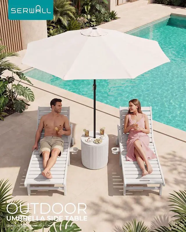Alt view image 6 of 7 - Outdoor Round Umbrella Side Table, 3-in-1 Ice Bucket & Side Table & Storage Box, Multi-Functional Use for Porch/Patio/Poolside, Beige