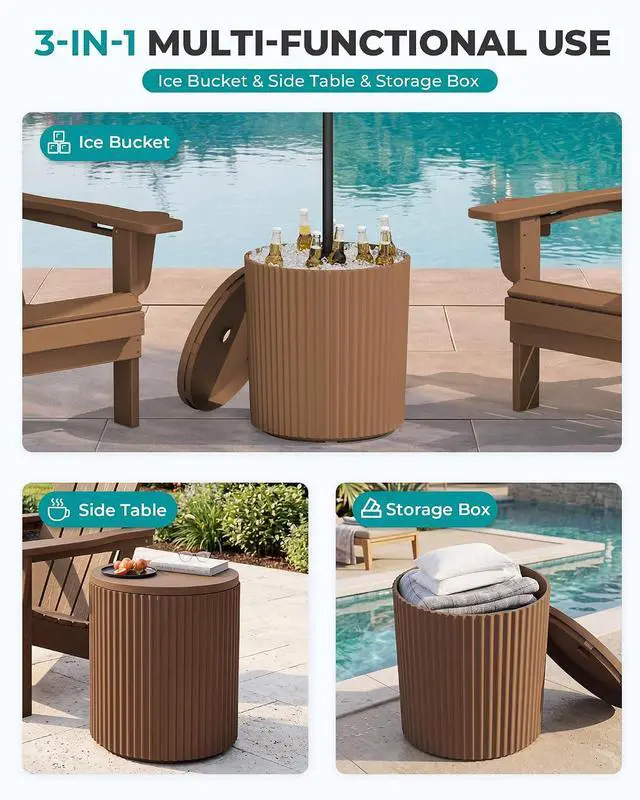Alt view image 4 of 7 - Round Outdoor Umbrella Side Table Set of 2 - Outdoor Patio Table with Umbrella Hole for Porch/Patio/Poolside, Brown