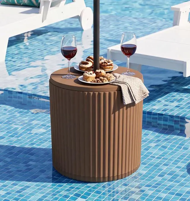 Main image of Round Outdoor Umbrella Side Table, 3-in-1 Outdoor Patio Table with Umbrella Hole for Porch/Patio/Poolside, Brown