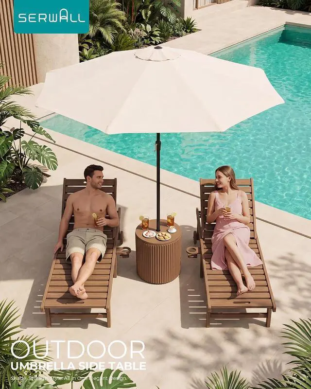 Alt view image 6 of 7 - Round Outdoor Umbrella Side Table Set of 2 - Outdoor Patio Table with Umbrella Hole for Porch/Patio/Poolside, Brown