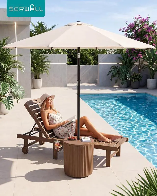 Alt view image 3 of 7 - Round Outdoor Umbrella Side Table, 3-in-1 Outdoor Patio Table with Umbrella Hole for Porch/Patio/Poolside, Brown