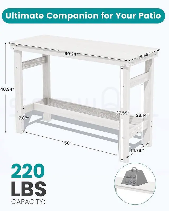 Alt view image 5 of 7 - 41" Outdoor Bar Table with 1.6" Umbrella Hole, HDPE Patio Bar Counter Height Table, All-Weather Rectangle Bar Table for Backyard, Garden, Poolside, Balcony - White