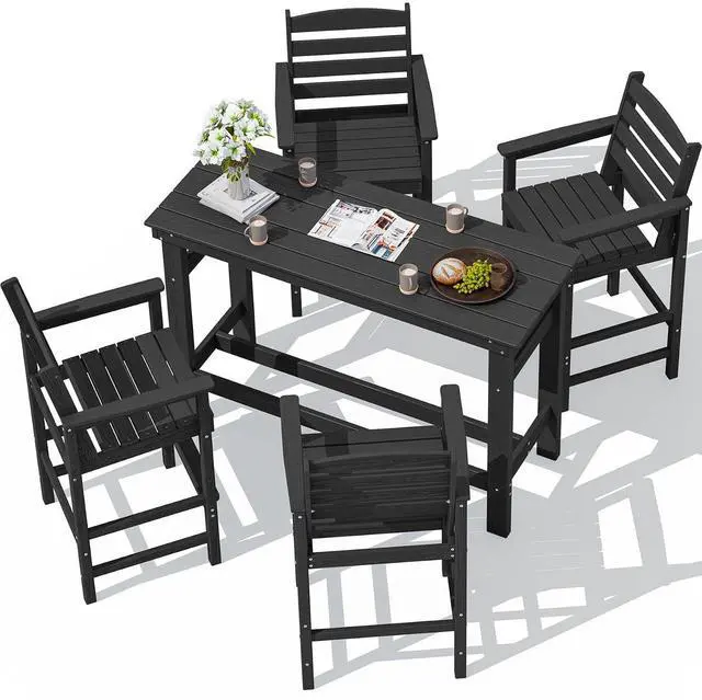 Main image of Outdoor Bar Set - 4 Adirondack Bar Chairs & Bar Height Table with 1.6" Umbrella Hole, All-Weather HDPE Patio Furniture for Poolside, Backyard, Garden - Black