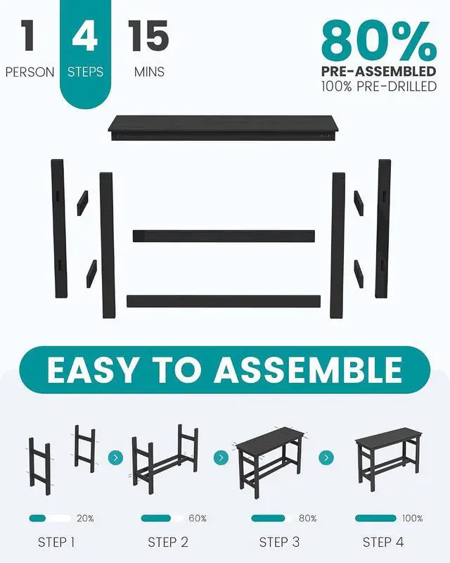 Alt view image 7 of 7 - 41" Outdoor Bar Table with 1.6" Umbrella Hole, HDPE Patio Bar Counter Height Table, All-Weather Rectangle Bar Table for Backyard, Garden, Poolside, Balcony - Black