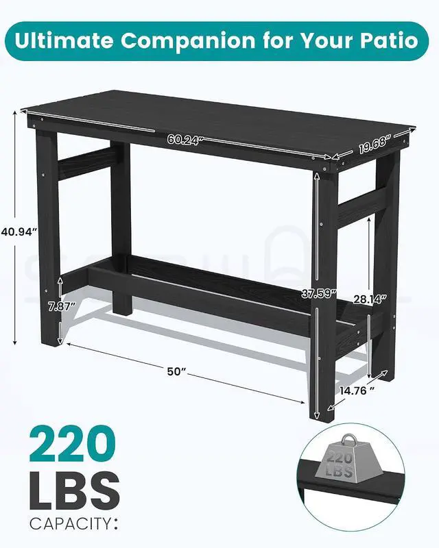 Alt view image 5 of 7 - 41" Outdoor Bar Table with 1.6" Umbrella Hole, HDPE Patio Bar Counter Height Table, All-Weather Rectangle Bar Table for Backyard, Garden, Poolside, Balcony - Black