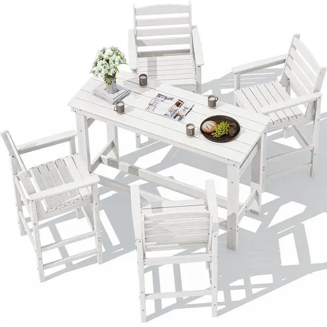 Main image of Outdoor Bar Set - 4 Adirondack Bar Chairs & Bar Height Table with 1.6" Umbrella Hole, All-Weather HDPE Patio Furniture for Poolside, Backyard, Garden - White