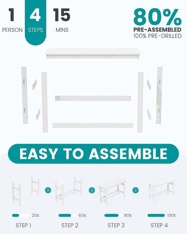 Alt view image 7 of 7 - 41" Outdoor Bar Table with 1.6" Umbrella Hole, HDPE Patio Bar Counter Height Table, All-Weather Rectangle Bar Table for Backyard, Garden, Poolside, Balcony - White