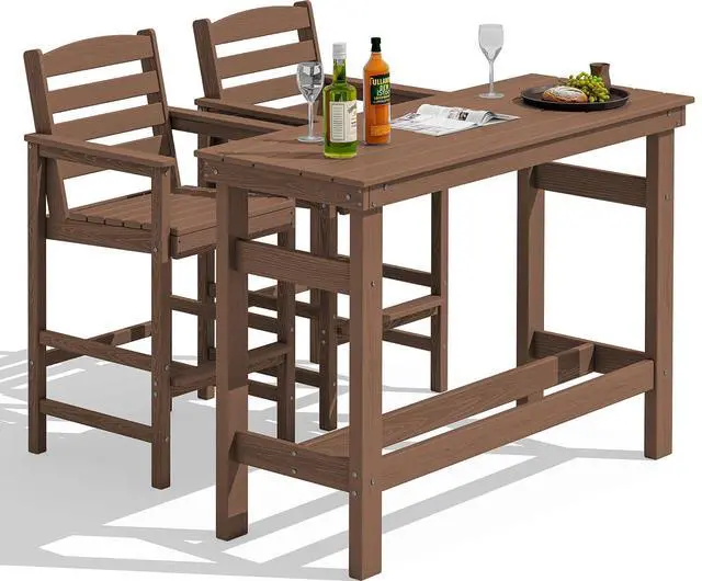Main image of Outdoor Bar Set - 2 Adirondack Bar Chairs & Bar Height Table with 1.6" Umbrella Hole, All-Weather HDPE Patio Furniture for Poolside, Backyard, Garden - Brown
