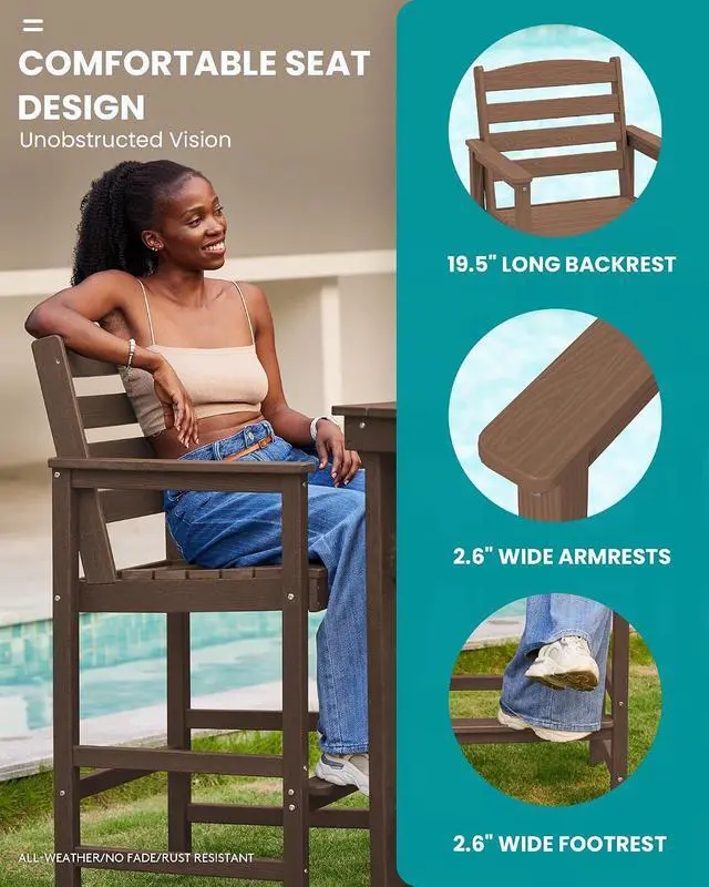 Alt view image 3 of 7 - Outdoor Bar Set - 2 Adirondack Bar Chairs & Bar Height Table with 1.6" Umbrella Hole, All-Weather HDPE Patio Furniture for Poolside, Backyard, Garden - Brown