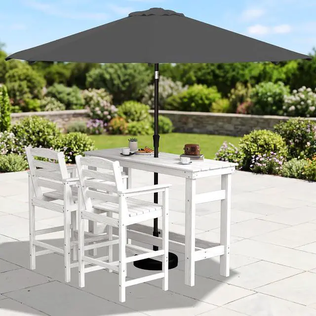 Alt view image 2 of 7 - Outdoor Bar Set with 9ft Umbrella, All-Weather HDPE Patio Bar Chairs and Table, Outdoor Furniture Set, White (Umbreall Base not Included)