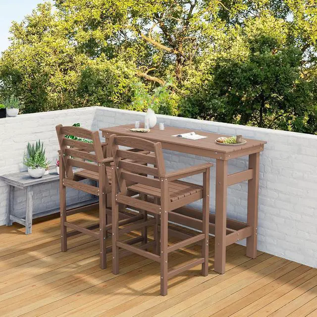Alt view image 7 of 7 - Outdoor Bar Set - 2 Adirondack Bar Chairs & Bar Height Table with 1.6" Umbrella Hole, All-Weather HDPE Patio Furniture for Poolside, Backyard, Garden - Brown