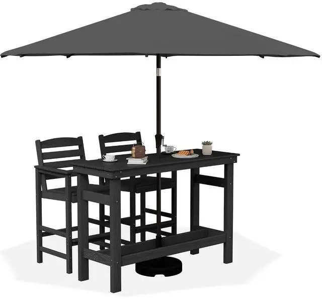 Main image of Outdoor Bar Set with 9ft Umbrella, All-Weather HDPE Patio Bar Chairs and Table, Outdoor Furniture Set, Black (Umbreall Base not Included)