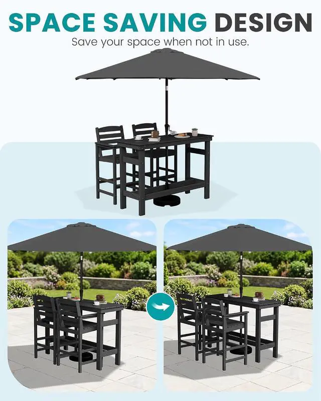Alt view image 2 of 7 - Outdoor Bar Set with 9ft Umbrella, All-Weather HDPE Patio Bar Chairs and Table, Outdoor Furniture Set, Black (Umbreall Base not Included)