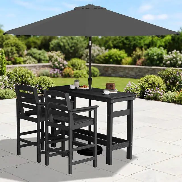 Alt view image 3 of 7 - Outdoor Bar Set with 9ft Umbrella, All-Weather HDPE Patio Bar Chairs and Table, Outdoor Furniture Set, Black (Umbreall Base not Included)
