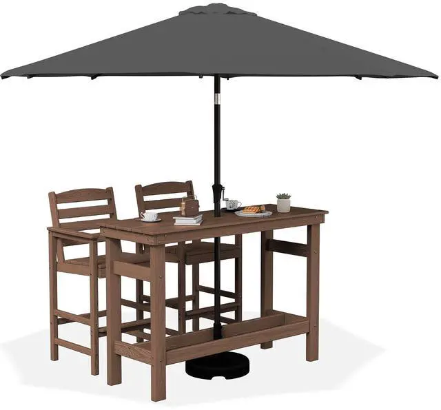 Main image of Outdoor Bar Set with 9ft Umbrella, All-Weather HDPE Patio Bar Chairs and Table, Outdoor Furniture Set, Brown (Umbreall Base not Included)