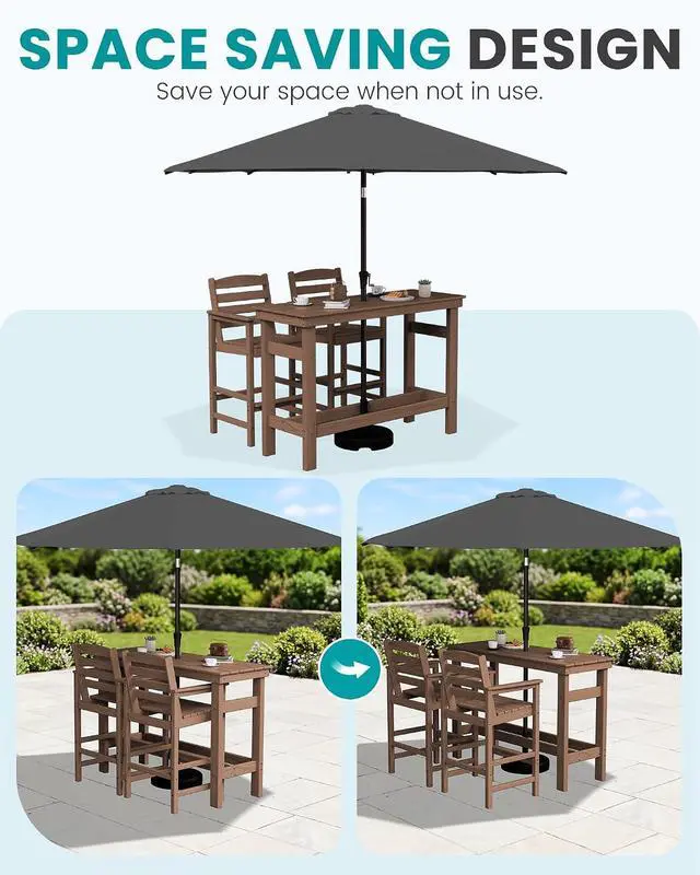 Alt view image 3 of 7 - Outdoor Bar Set with 9ft Umbrella, All-Weather HDPE Patio Bar Chairs and Table, Outdoor Furniture Set, Brown (Umbreall Base not Included)