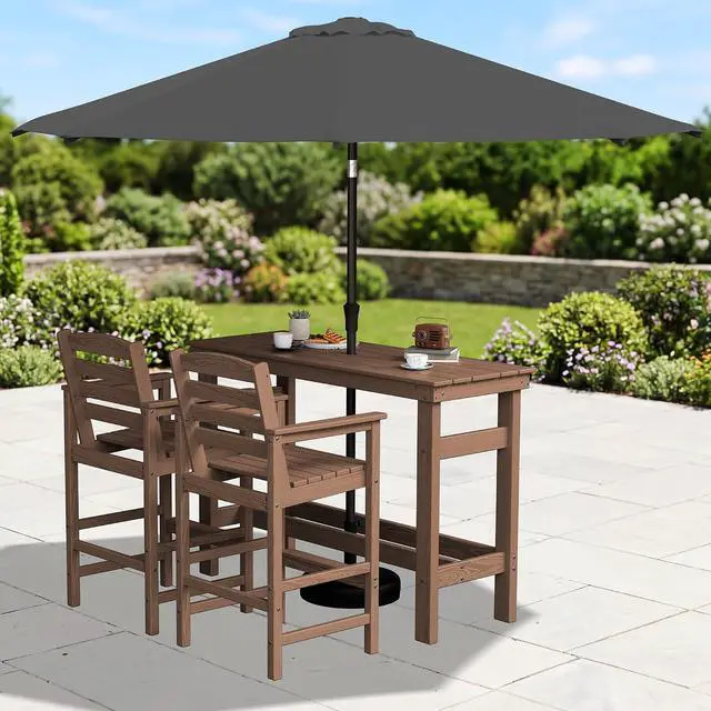 Alt view image 2 of 7 - Outdoor Bar Set with 9ft Umbrella, All-Weather HDPE Patio Bar Chairs and Table, Outdoor Furniture Set, Brown (Umbreall Base not Included)