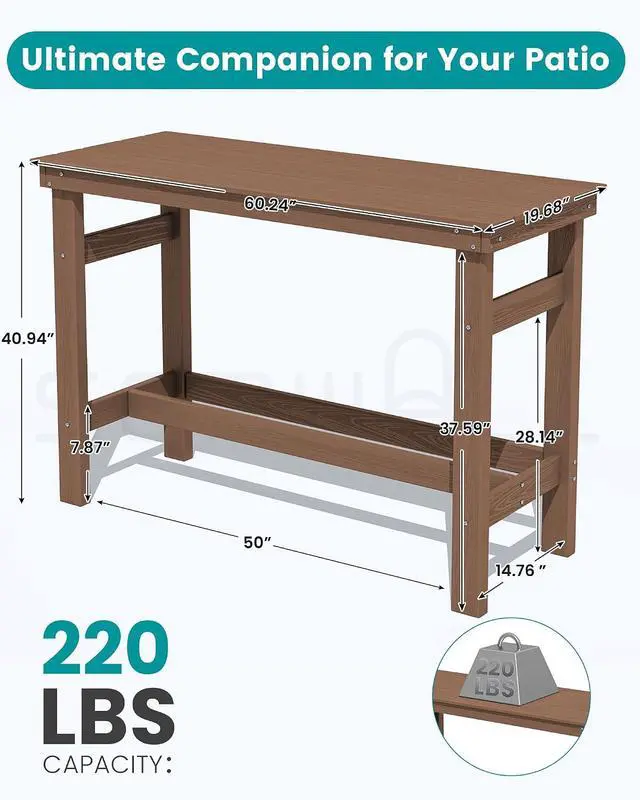 Alt view image 6 of 7 - 41" Outdoor Bar Table, All Weather HDPE Patio Bar Counter Height Table, Rectangle Patio Bar Table for Outside, Garden, Backyard, Balcony, Poolside, Brown
