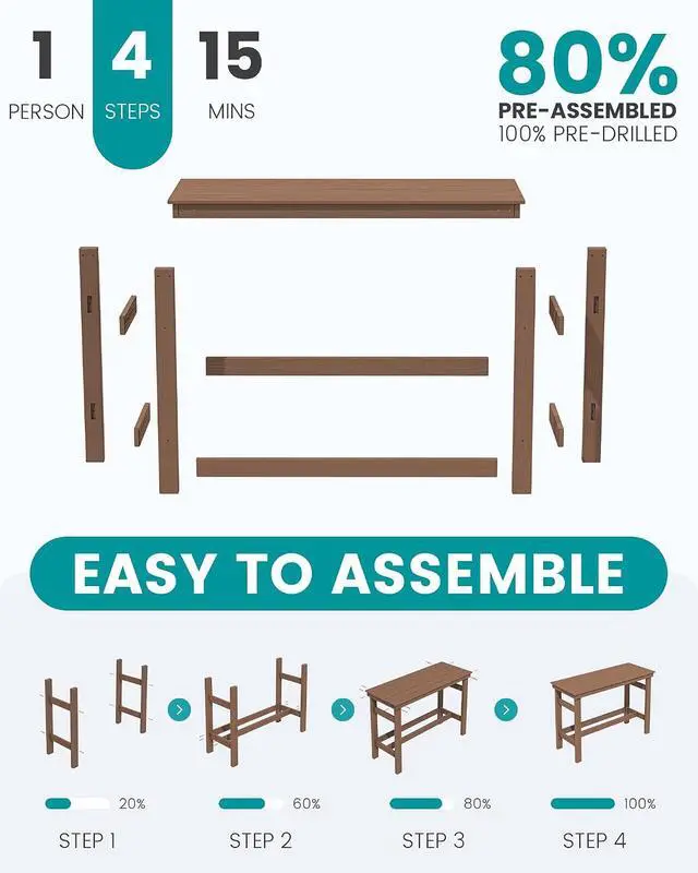 Alt view image 7 of 7 - 41" Outdoor Bar Table, All Weather HDPE Patio Bar Counter Height Table, Rectangle Patio Bar Table for Outside, Garden, Backyard, Balcony, Poolside, Brown