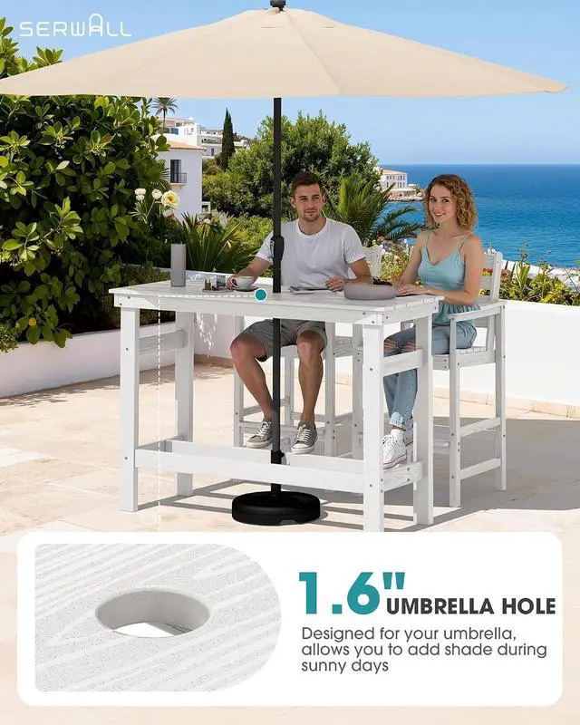 Alt view image 2 of 7 - 41" Outdoor Bar Table with 1.6" Umbrella Hole, HDPE Patio Bar Counter Height Table, All-Weather Rectangle Bar Table for Backyard, Garden, Poolside, Balcony - White