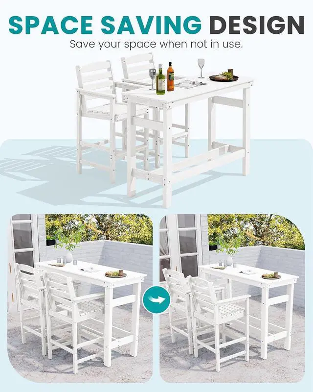 Alt view image 3 of 7 - 41" Outdoor Bar Table with 1.6" Umbrella Hole, HDPE Patio Bar Counter Height Table, All-Weather Rectangle Bar Table for Backyard, Garden, Poolside, Balcony - White