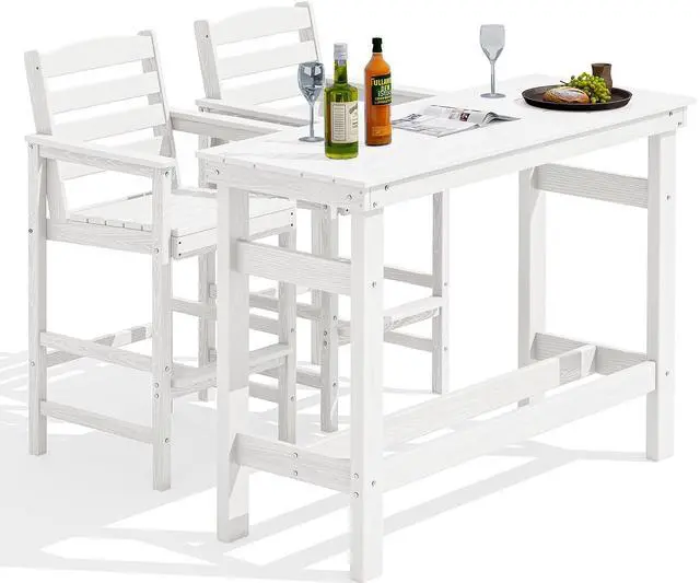Main image of Outdoor Bar Set - 2 Adirondack Bar Chairs & Bar Height Table with 1.6" Umbrella Hole, All-Weather HDPE Patio Furniture for Poolside, Backyard, Garden - White