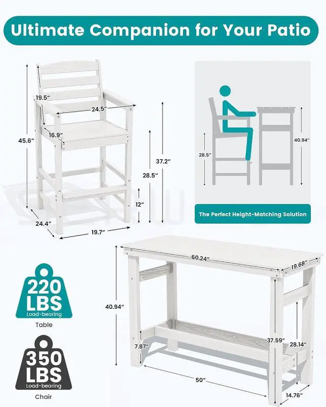 Alt view image 4 of 7 - Outdoor Bar Set with 9ft Umbrella, All-Weather HDPE Patio Bar Chairs and Table, Outdoor Furniture Set, White (Umbreall Base not Included)