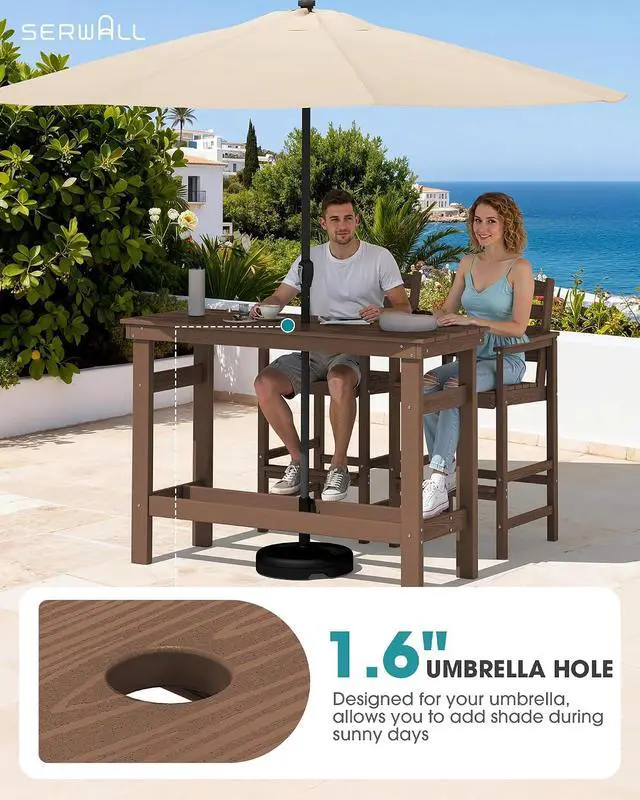 Alt view image 2 of 7 - Outdoor Bar Set - 4 Adirondack Bar Chairs & Bar Height Table with 1.6" Umbrella Hole, All-Weather HDPE Patio Furniture for Poolside, Backyard, Garden - Brown
