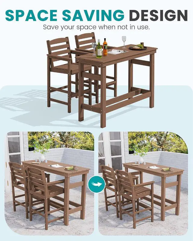 Alt view image 3 of 7 - Outdoor Bar Set - 4 Adirondack Bar Chairs & Bar Height Table with 1.6" Umbrella Hole, All-Weather HDPE Patio Furniture for Poolside, Backyard, Garden - Brown