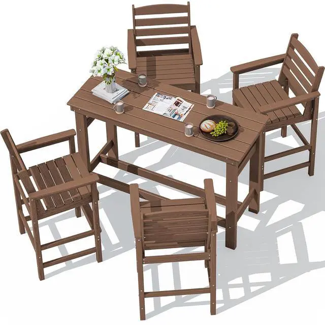 Main image of Outdoor Bar Set - 4 Adirondack Bar Chairs & Bar Height Table with 1.6" Umbrella Hole, All-Weather HDPE Patio Furniture for Poolside, Backyard, Garden - Brown