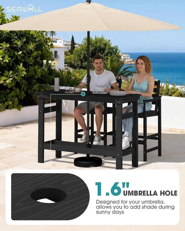 Alt view image 2 of 7 - 41" Outdoor Bar Table with 1.6" Umbrella Hole, HDPE Patio Bar Counter Height Table, All-Weather Rectangle Bar Table for Backyard, Garden, Poolside, Balcony - Black