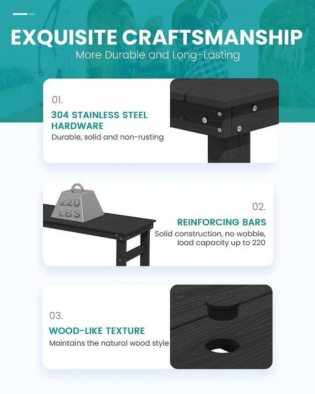 Alt view image 6 of 7 - 41" Outdoor Bar Table with 1.6" Umbrella Hole, HDPE Patio Bar Counter Height Table, All-Weather Rectangle Bar Table for Backyard, Garden, Poolside, Balcony - Black