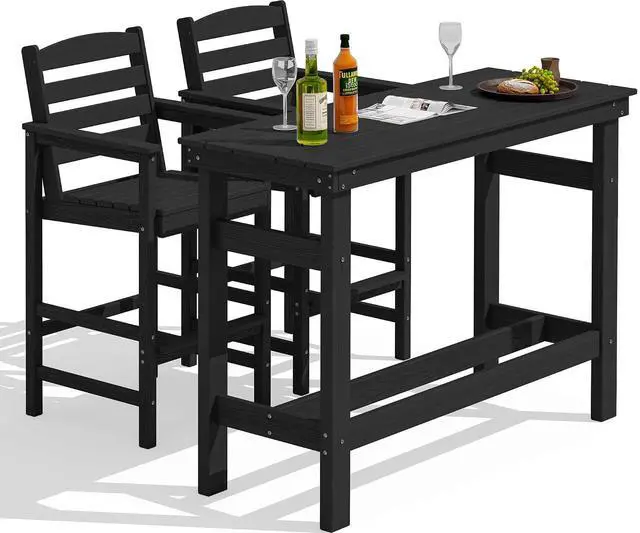 Main image of Outdoor Bar Set - 2 Adirondack Bar Chairs & Bar Height Table with 1.6" Umbrella Hole, All-Weather HDPE Patio Furniture for Poolside, Backyard, Garden - Black