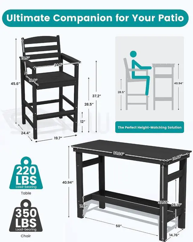 Alt view image 3 of 7 - Outdoor Bar Set - 4 Adirondack Bar Chairs & Bar Height Table with 1.6" Umbrella Hole, All-Weather HDPE Patio Furniture for Poolside, Backyard, Garden - Black